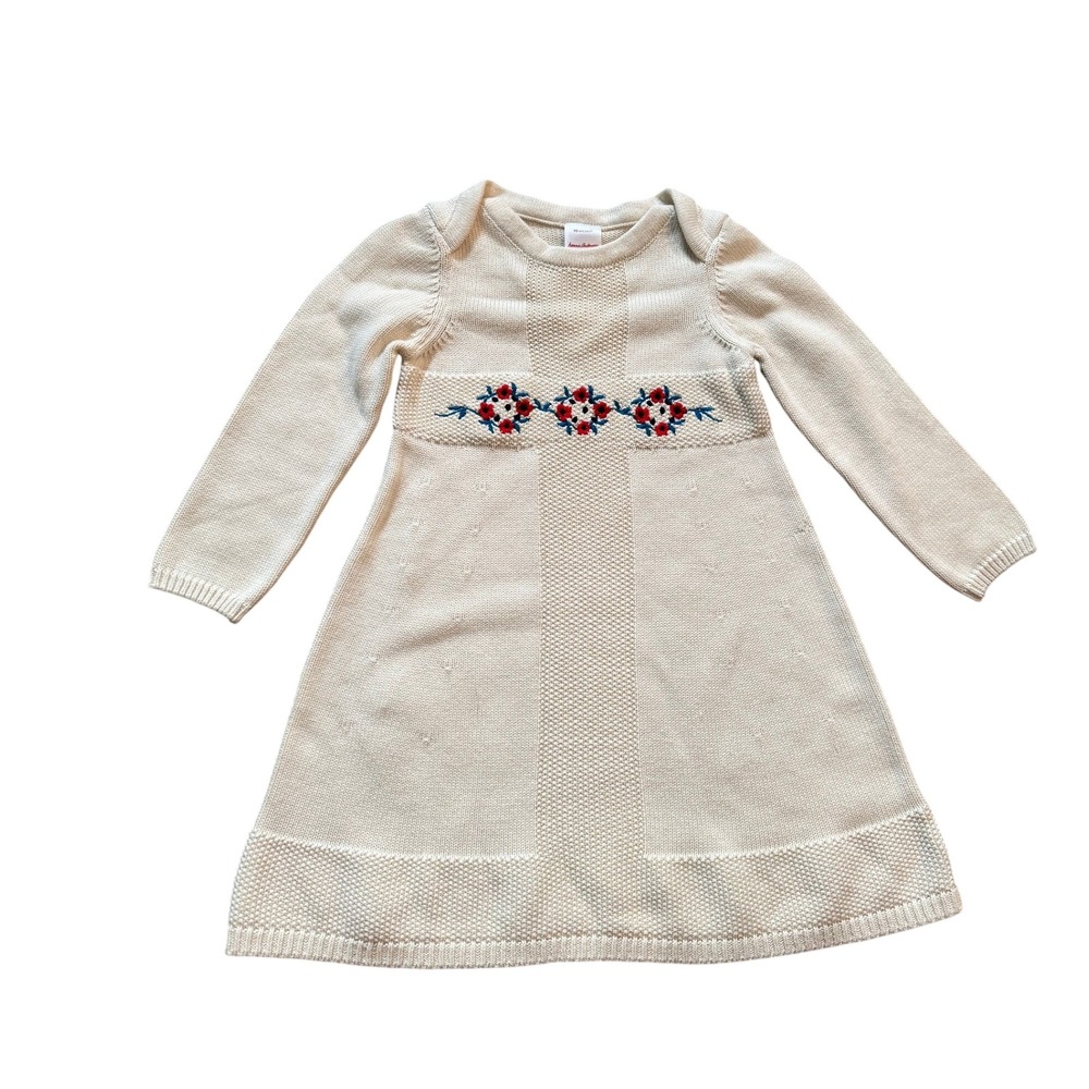 Hanna‎ Andersson Girls Cream Knit Floral Embroidered Sweater Dress 3T NWT